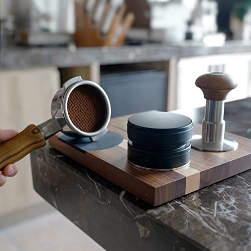 watchget Espresso Tamper Station Holder with Mat, Pitcher Holder, Coffee Distributor Golden Accessories Walnut
