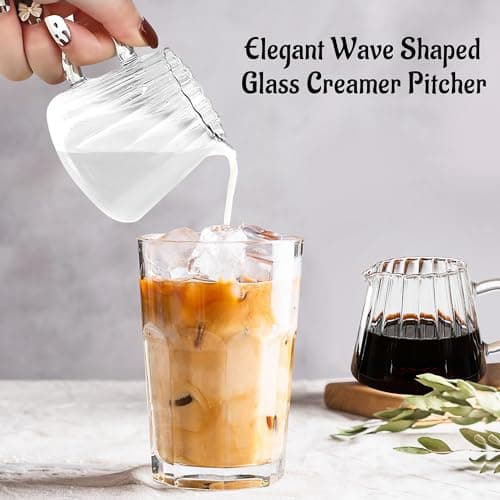 Elegant Wave Shaped 2 Pcs Small Glass Creamer Pitcher, 6 oz for Coffee, Milk, Tea