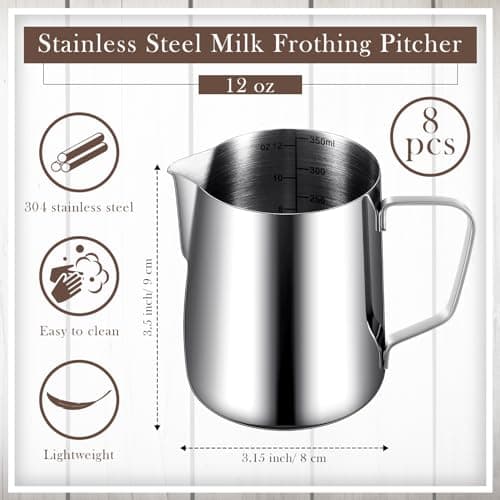 Dandat 8-Pc Espresso Milk Frothing Pitcher Set 12 Oz Stainless Steel