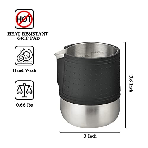 HOMEE 12oz Stainless Steel Milk Frothing Pitcher with Heat Resistant Silicone Grip