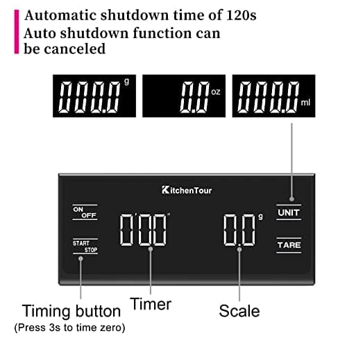 KitchenTour Digital Coffee Scale with Timer - 3kg/0.1g Precision Black