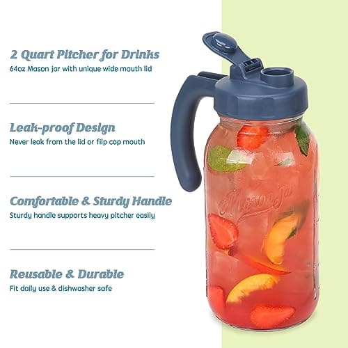 Soligt Glass Mason Jar Pitcher, 64 oz, Leak-proof Lid, Sun Tea/Iced Tea Compatible