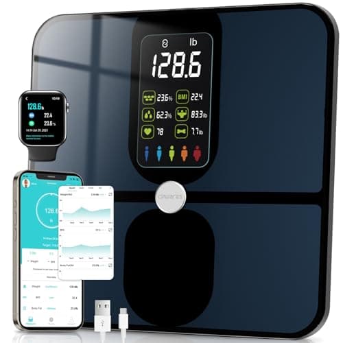 CHWARES Smart Digital Bathroom Scale, 400lbs, Black - BMI, Body Fat, Muscle Mass, Heart Rate, Rechargeable, 15 Metrics