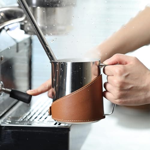 Bright 16oz 304 Stainless Steel Milk Frothing Pitcher with PU Leather, Premium Barista Tool
