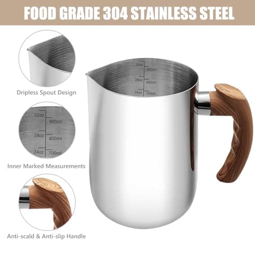 304 Stainless Steel 32oz Milk Frothing Pitcher with Handle and Scale