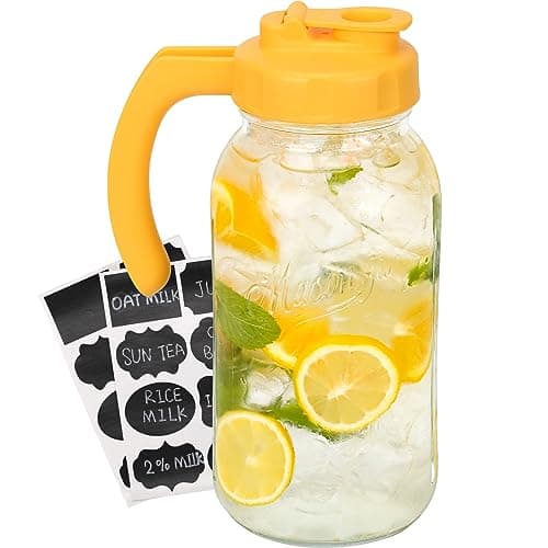 Soligt Glass Mason Jar Pitcher, 64 oz, Leak-proof Lid, Sun Tea/Iced Tea Compatible