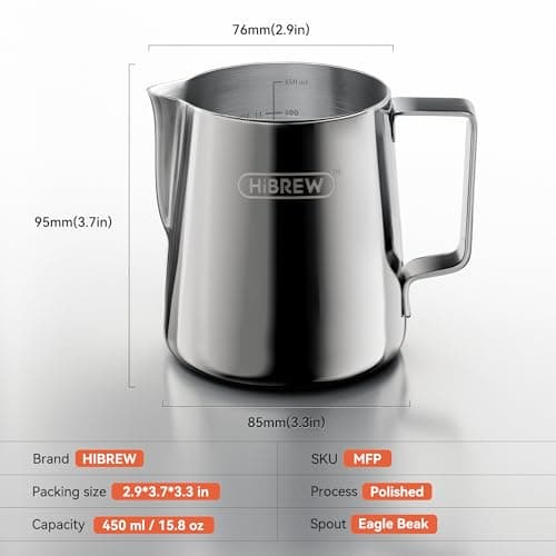 HIBREW Stainless Steel Milk Frothing Pitcher, 15oz Silver