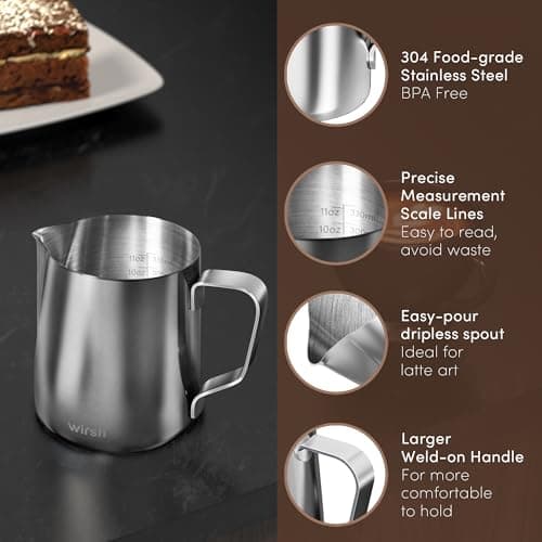 Wiresh 12oz Stainless Steel Milk Frothing Pitcher for Espresso, Latte and Cappuccino
