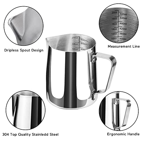 Stainless Steel Milk Frother Pitcher for Cappuccino and Latte Art (20 Ounce)