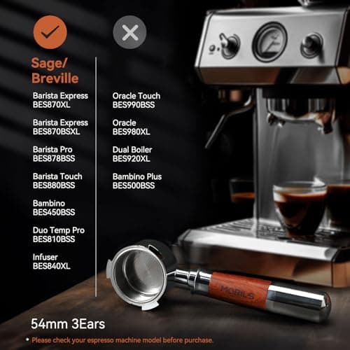Breville 54mm Bottomless Portafilter, 3 Ears, Walnutwood Handle, Espresso Accessories