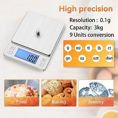 BOMATA Upgraded Small Precision Kitchen Scale, 0.1g Accurate, 3000g Capacity, USB Rechargeable, Jewelry Measuring Digita