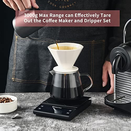 KitchenTour Digital Coffee Scale with Timer - 3kg/0.1g Precision Black