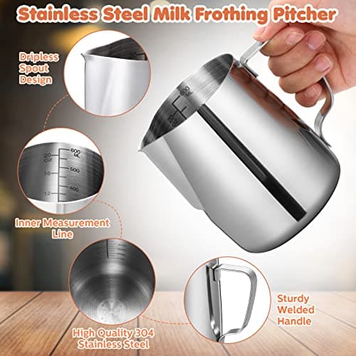 Irenare 12oz & 20oz Stainless Steel Milk Frother Set with Spoons & Pens for Kitchen Cafe(Silver)