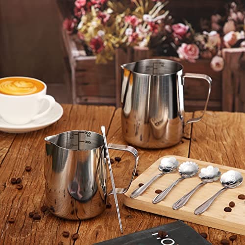 Irenare 12oz & 20oz Stainless Steel Milk Frother Set with Spoons & Pens for Kitchen Cafe(Silver)