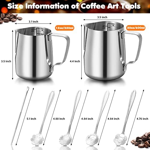 Irenare 12oz & 20oz Stainless Steel Milk Frother Set with Spoons & Pens for Kitchen Cafe(Silver)