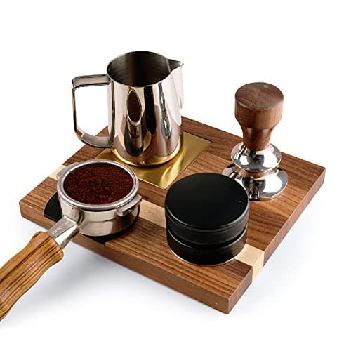 watchget Espresso Tamper Station Holder with Mat, Pitcher Holder, Coffee Distributor Golden Accessories Walnut