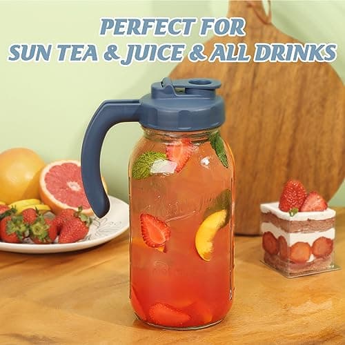 Soligt Glass Mason Jar Pitcher, 64 oz, Leak-proof Lid, Sun Tea/Iced Tea Compatible