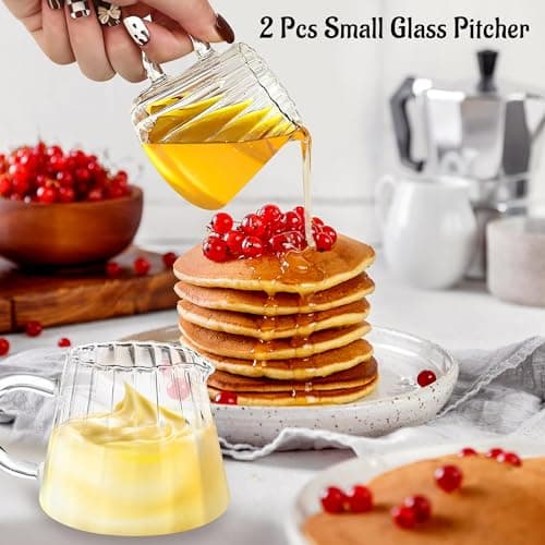 Elegant Wave Shaped 2 Pcs Small Glass Creamer Pitcher, 6 oz for Coffee, Milk, Tea