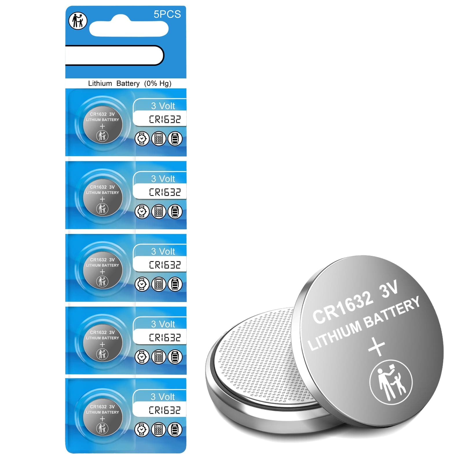 Volkate CR1632 Lithium Coin Cell Batteries, 5-Pack, for Car Keys, Watches, Remotes