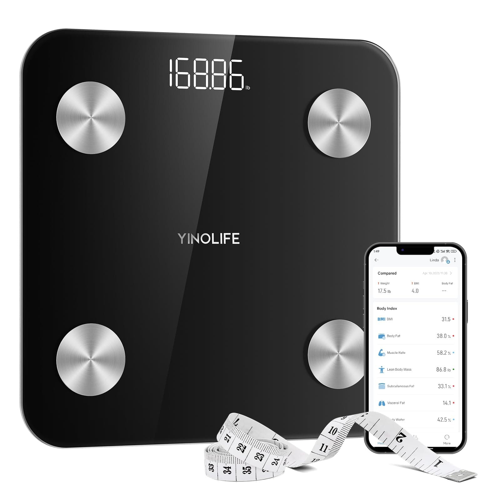 Digital Smart Bathroom Scale with BMI, Body Fat & Muscle Mass, 20 Measurements, 10.2" Compact, 400lb, Black