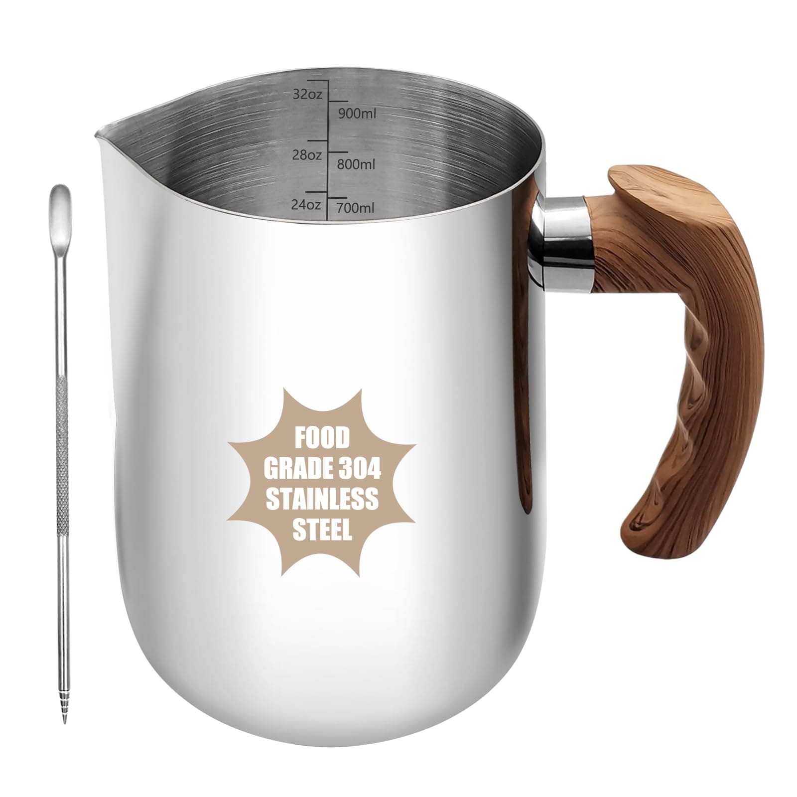 304 Stainless Steel 32oz Milk Frothing Pitcher with Handle and Scale