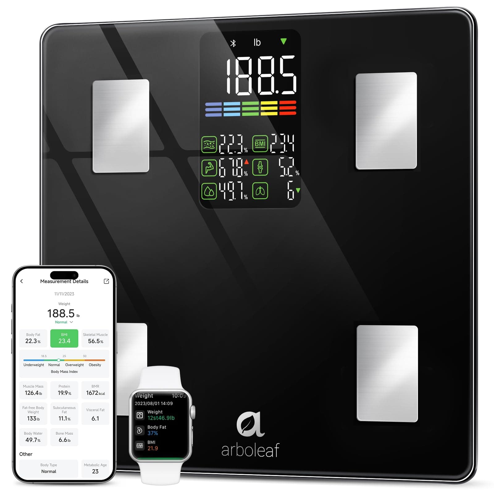 Arboleaf Smart Scale with BMI, Body Fat, Muscle Mass, Large LED Display, 500lbs