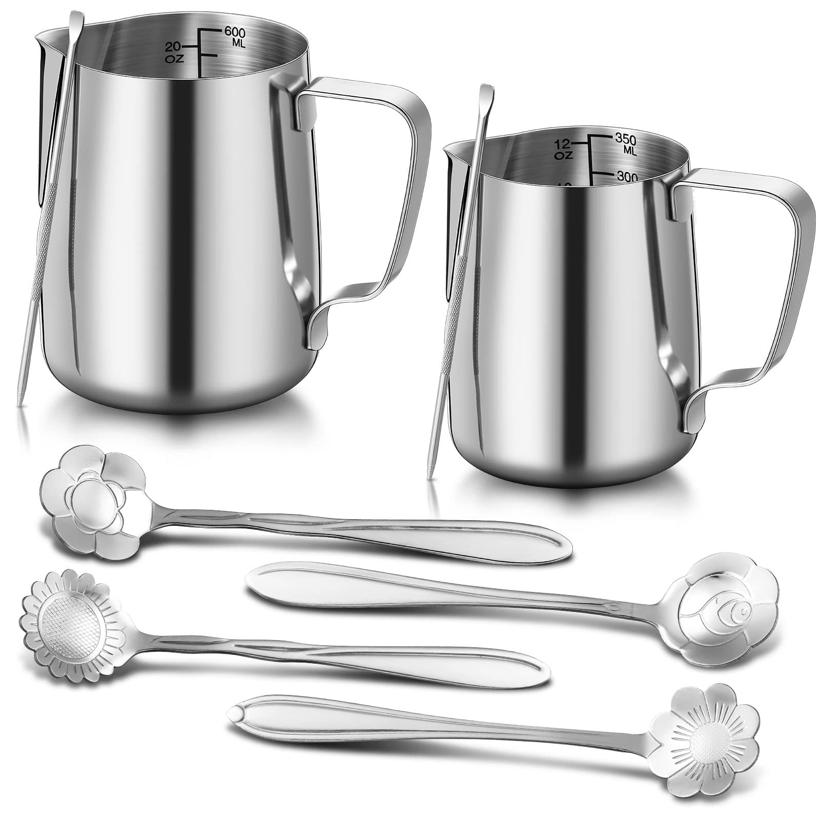 Irenare 12oz & 20oz Stainless Steel Milk Frother Set with Spoons & Pens for Kitchen Cafe(Silver)